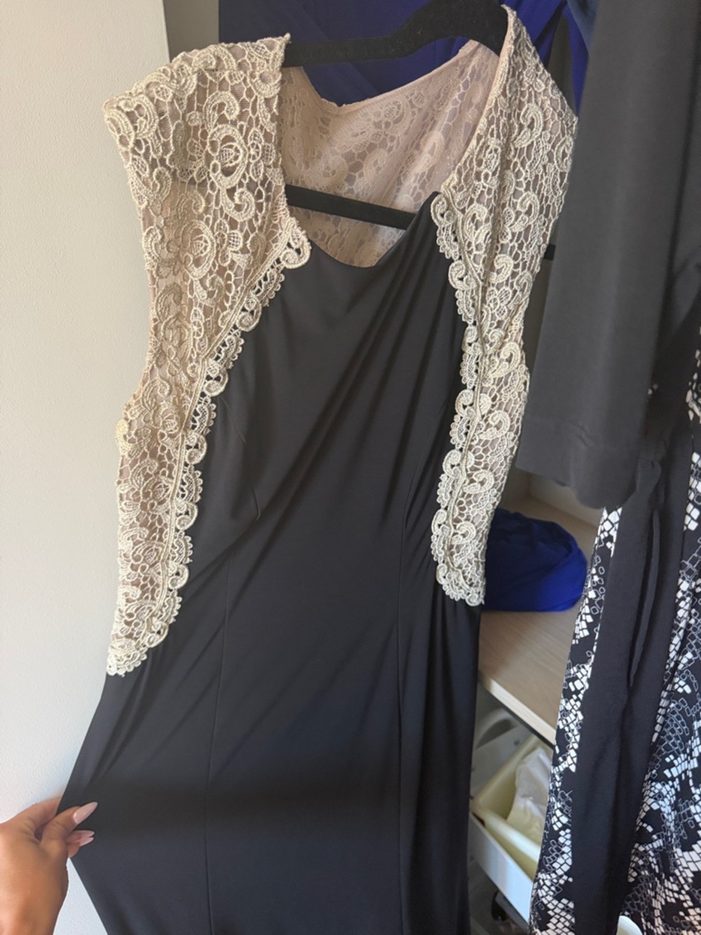Xscape Black Dress with Ivory Lace Trim